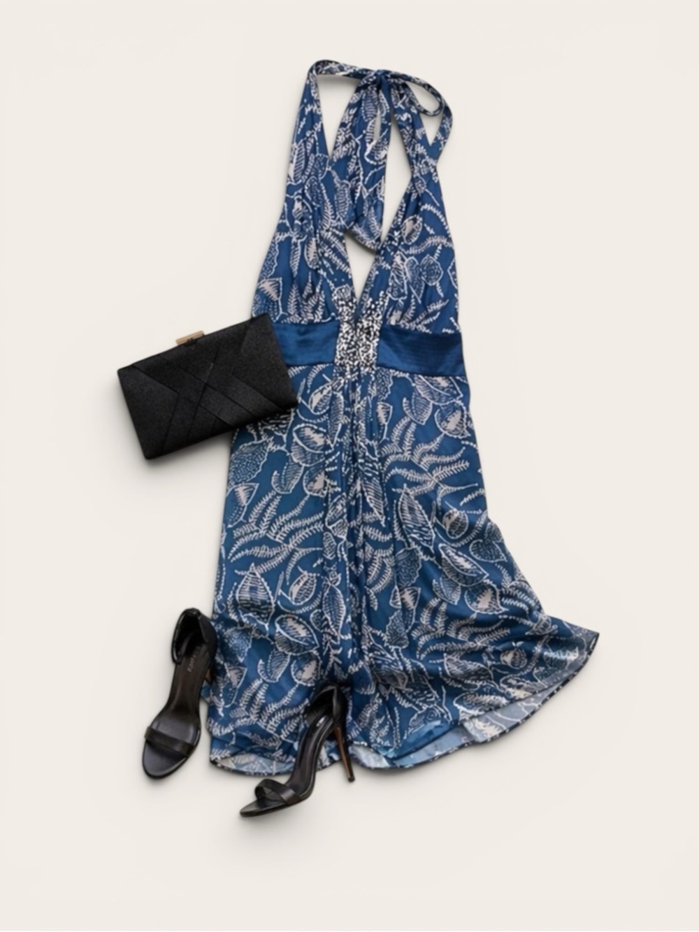 🩵 BCBGMAXAZRIA Halter Blue / Ivory Botanical Print Chiffon Beaded Dress | Sz 2 |